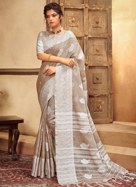 Beige Colour ASHIKA CHIKANKARI BUTTA Cotton Linen With Resham Work Designer Saree Collection CB 07